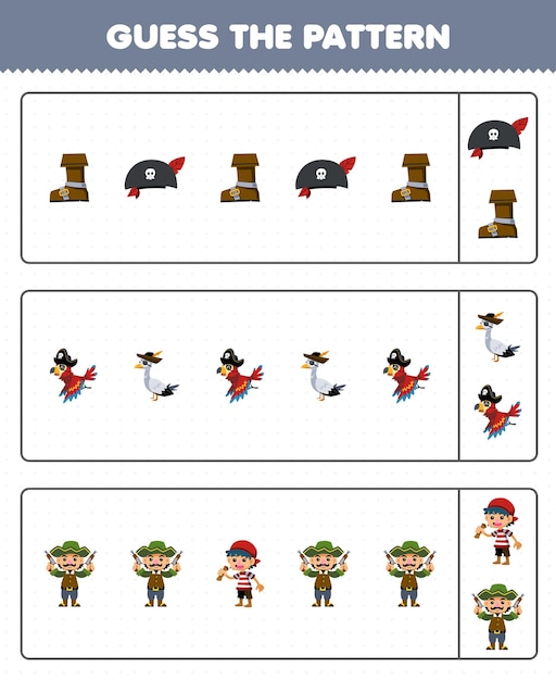 Образовательная игра для детей: угадай узор в каждом ряду из милого мультфильма, шапка, сапоги, попугай, чайка, мальчик и мужчина, пиратский лист для печати