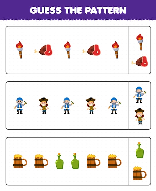 子供のための教育ゲームかわいい漫画肉トーチ老人少年ボトルとマグカップ印刷可能な海賊ワークシートから各行のパターンを推測します