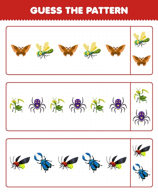 Education game for children guess the pattern each row from cute cartoon moth dragonfly mantis spider firefly beetle printable bug worksheet