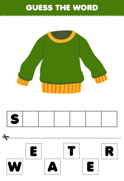 Education game for children guess the word letters practicing cartoon clothes sweater