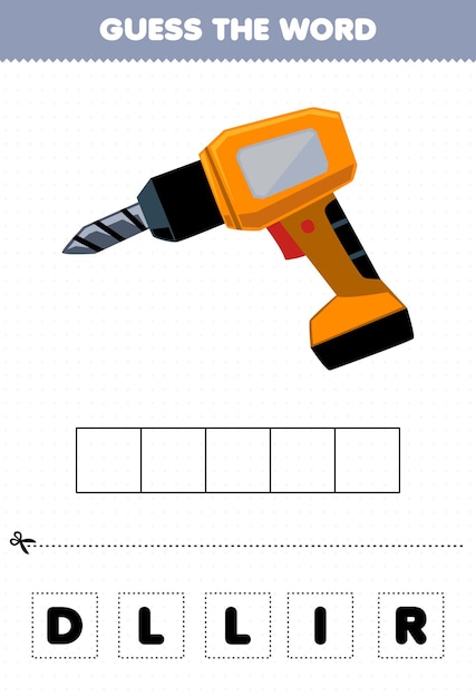 아이들을 위한 교육 게임은 귀여운 만화 드릴 인쇄용 도구 워크시트를 연습하는 단어 글자를 추측합니다.