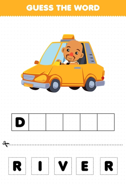 Education game for children guess the word letters practicing of cute cartoon driver profession printable worksheet