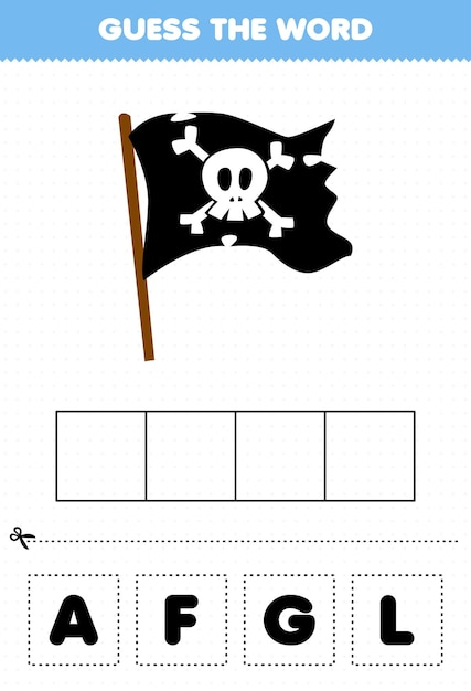 Education game for children guess the word letters practicing of cute cartoon flag printable pirate worksheet