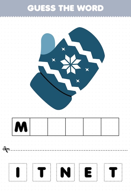아이들을 위한 교육 게임은 귀여운 만화 벙어리장갑 인쇄용 겨울 워크시트를 연습하는 단어 글자를 추측합니다.