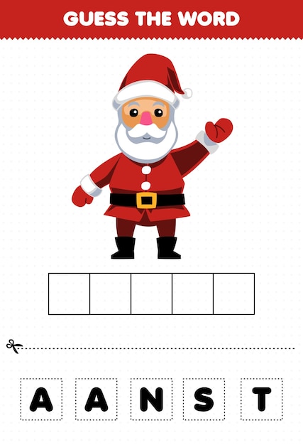 Education game for children guess the word letters practicing of cute cartoon santa printable winter worksheet
