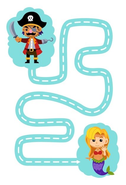 Education game for children handwriting practice trace the lines help cute cartoon pirate captain move to mermaid printable pirate worksheet