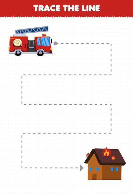 Education game for children handwriting practice trace the lines help transportation firetruck move to fire house