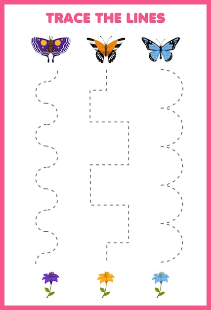 어린이 필기 연습을 위한 교육 게임은 귀여운 만화 나비와 꽃 그림 인쇄 가능한 버그 워크시트로 선을 추적합니다.