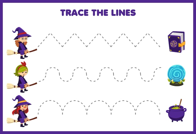 Образовательная игра для детей, практикующих почерк, проследите линии с милой мультяшной книгой заклинаний, волшебной книгой, котлом и костюмом ведьмы, изображением, листом для печати на Хэллоуин