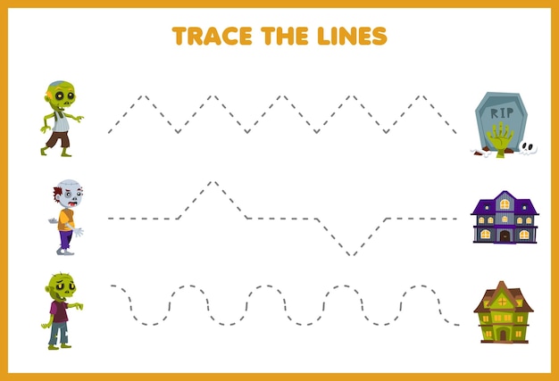 Gioco educativo per la pratica della scrittura a mano dei bambini traccia le linee con il foglio di lavoro stampabile di halloween della lapide della tomba del fumetto sveglio e dell'immagine del costume da zombie