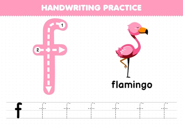 Education game for children handwriting practice with lowercase letters f for flamingo printable worksheet