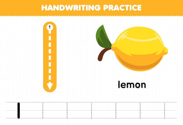 레몬 인쇄용 워크시트를 위한 소문자 l을 사용한 어린이 필기 연습을 위한 교육 게임