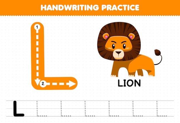 Education game for children handwriting practice with uppercase letters L for lion printable worksheet