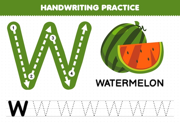 Education game for children handwriting practice with uppercase letters w for watermelon printable worksheet