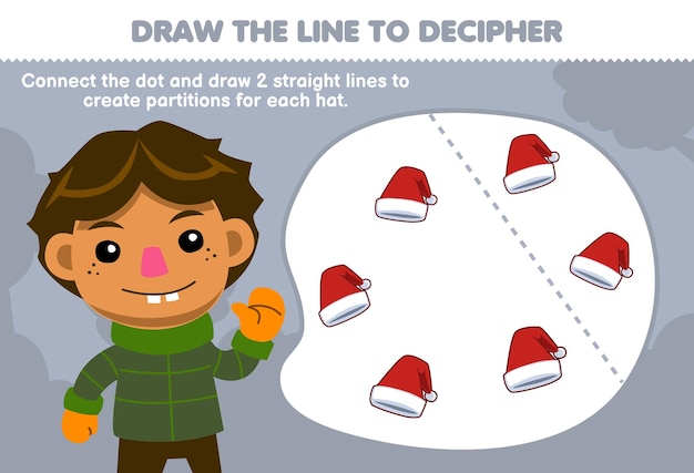 Education game for children help boy draw the lines to separate the hats printable winter worksheet