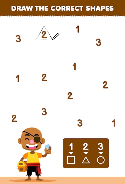 Education game for children help cute cartoon bald man draw the correct shapes according to the number printable pirate worksheet