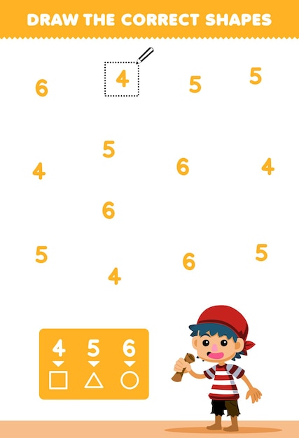 Education game for children help cute cartoon boy with bandana draw the correct shapes according to the number printable pirate worksheet