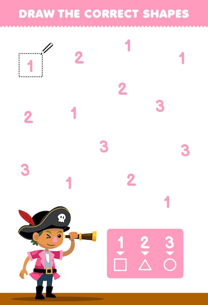 Education game for children help cute cartoon boy with spyglass draw the correct shapes according to the number printable pirate worksheet