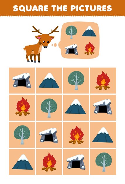 Il gioco educativo per bambini aiuta i simpatici cervi dei cartoni animati a quadrare la natura corretta impostando il foglio di lavoro invernale stampabile con l'immagine