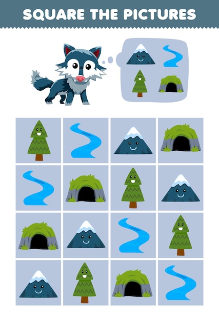 Education game for children help cute cartoon wolf square the correct mountain river tree cave set picture printable nature worksheet