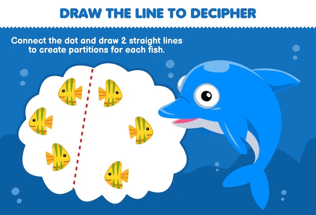 Vettore il gioco educativo per bambini aiuta i delfini a disegnare le linee per separare ogni foglio di lavoro subacqueo stampabile di pesce giallo