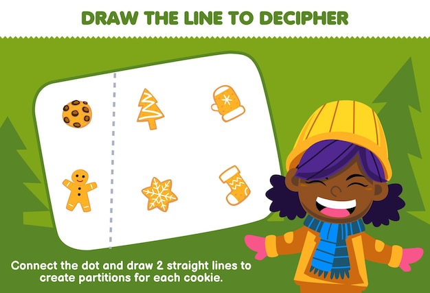 Education game for children help girl draw the lines to separate the cookies printable winter worksheet