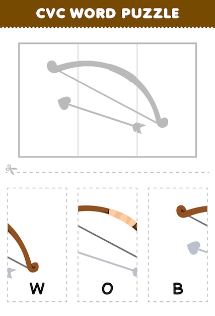 귀여운 만화 활 그림 인쇄 가능한 워크의 퍼즐을 완료하여 cvc 단어를 배우는 어린이를위한 교육 게임