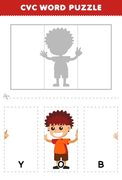 Образовательная игра для детей, чтобы узнать CVC слово, выполнив головоломку милого мальчика из мультфильма картинка печатный рабочий лист