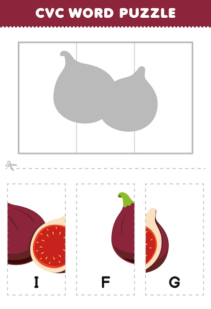 귀여운 만화 무화과 그림의 퍼즐을 완료하여 cvc 단어를 배우는 어린이를 위한 교육 게임 인쇄 가능한 워크