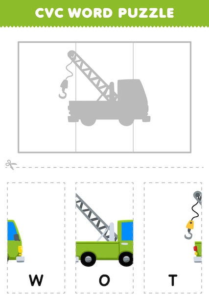 Education game for children to learn cvc word by complete the puzzle of cute cartoon towing truck picture printable worksheet