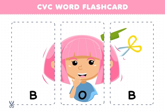 Education game for children learning consonant vowel consonant word with cute cartoon BOB haircut illustration printable flashcard