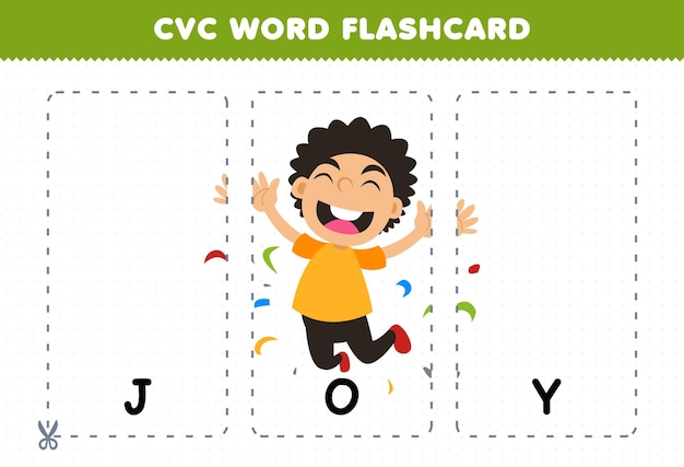 Education game for children learning consonant vowel consonant word with cute cartoon man feeling joy illustration printable flashcard