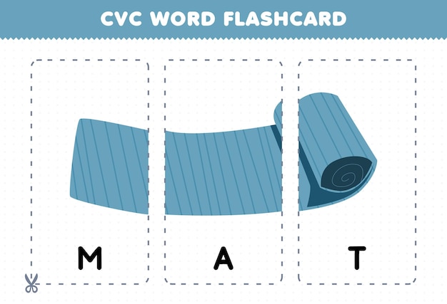 Gioco educativo per bambini che imparano la parola consonante vocale consonante con flashcard stampabile illustrazione mat simpatico cartone animato