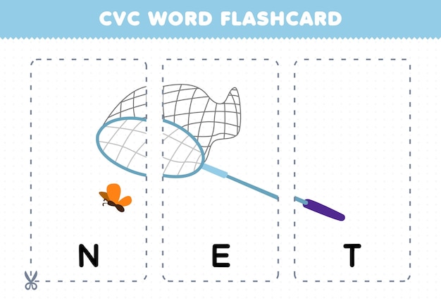 Education game for children learning consonant vowel consonant word with cute cartoon NET illustration printable flashcard