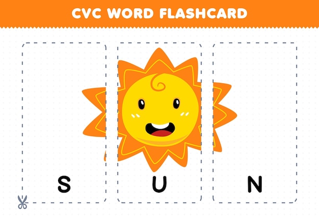Education game for children learning consonant vowel consonant word with cute cartoon SUN illustration printable flashcard
