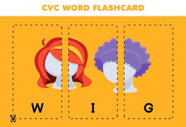 Education game for children learning consonant vowel consonant word with cute cartoon WIG hairstyle illustration printable flashcard