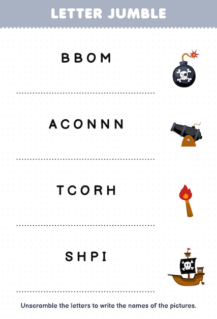 Education game for children letter jumble write the correct name for cute cartoon boom cannon torch ship printable pirate worksheet