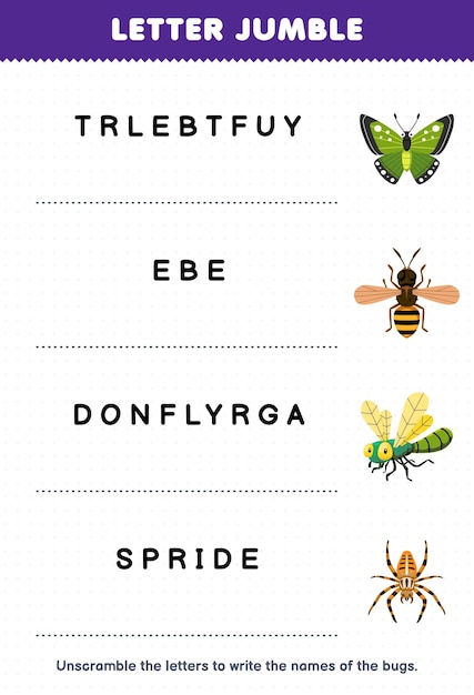 Education game for children letter jumble write the correct name for cute cartoon butterfly bee dragonfly spider printable bug worksheet