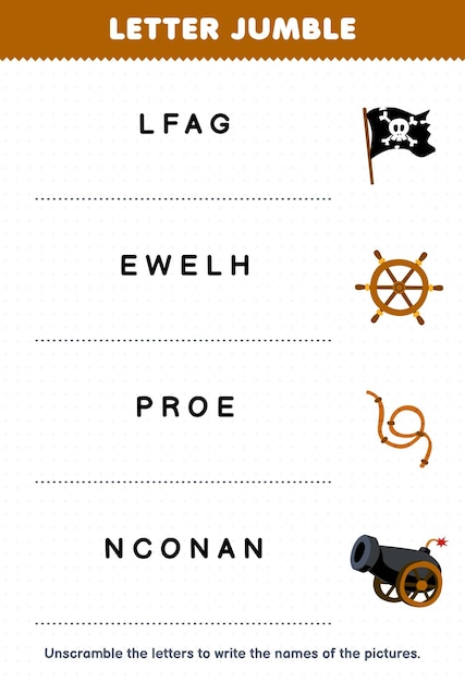 education game for children letter jumble write the correct name for cute cartoon flag wheel rope cannon printable pirate worksheet