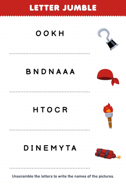 education game for children letter jumble write the correct name for cute cartoon hook bandana torch dynamite printable pirate worksheet