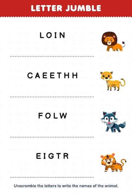 Education game for children letter jumble write the correct name for cute cartoon lion cheetah wolf tiger printable animal worksheet