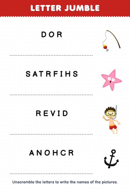 Education game for children letter jumble write the correct name for cute cartoon rod starfish diver anchor printable underwater worksheet