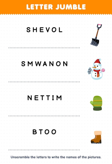 Vector education game for children letter jumble write the correct name for cute cartoon shovel snowman mitten boot printable winter worksheet