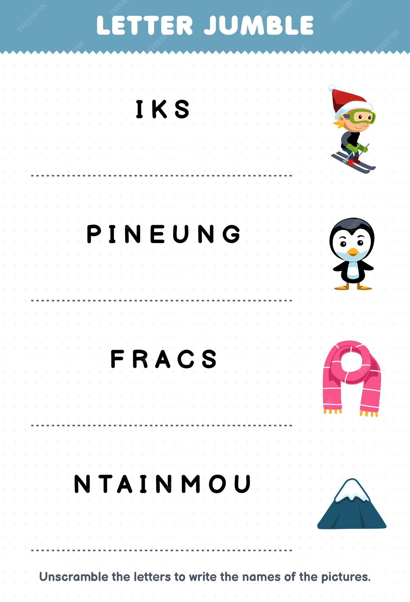 Premium Vector | Education game for children letter jumble write the  correct name for cute cartoon ski penguin scarf mountain printable winter  worksheet