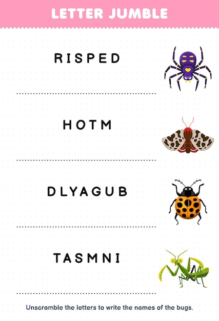 Education game for children letter jumble write the correct name for cute cartoon spider moth ladybug mantis printable bug worksheet