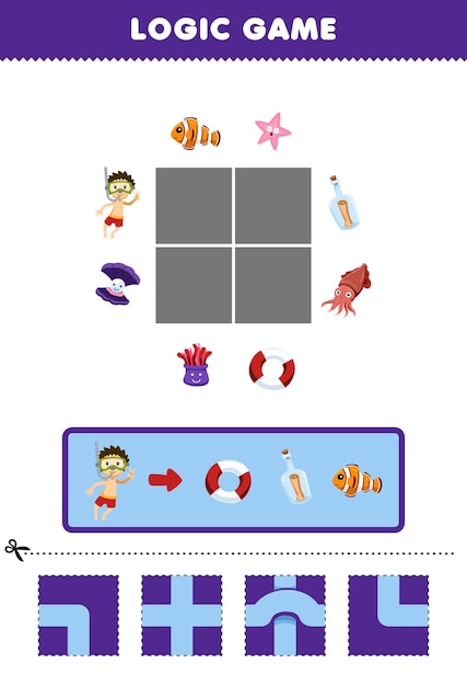 Education game for children logic puzzle build the road for diver move to lifebuoy and fish printable underwater worksheet