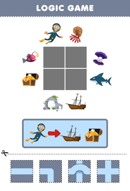 Education game for children logic puzzle build the road for diver move to treasure chest and wrecked ship printable underwater worksheet