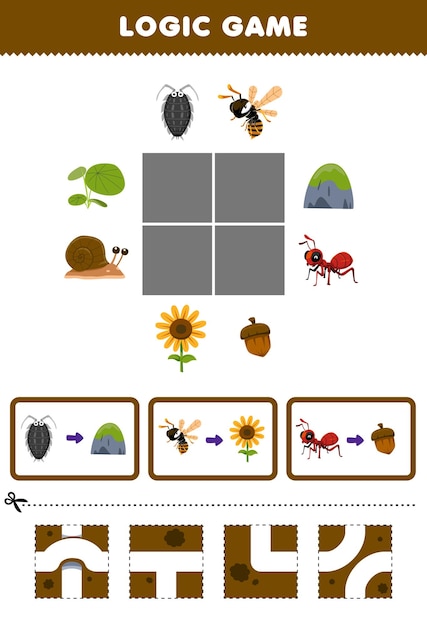 Education game for children logic puzzle build the road for louse bee ant move to stone sunflower and nut printable bug worksheet