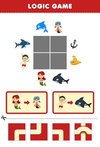 Gioco educativo per bambini rompicapo logico costruisci la strada per la sirena e il sub spostati nel foglio di lavoro subacqueo stampabile della sirena e dell'orca