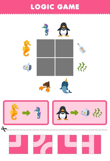 Education game for children logic puzzle build the road for seahorse and penguin move to seahorse and sunfish printable underwater worksheet